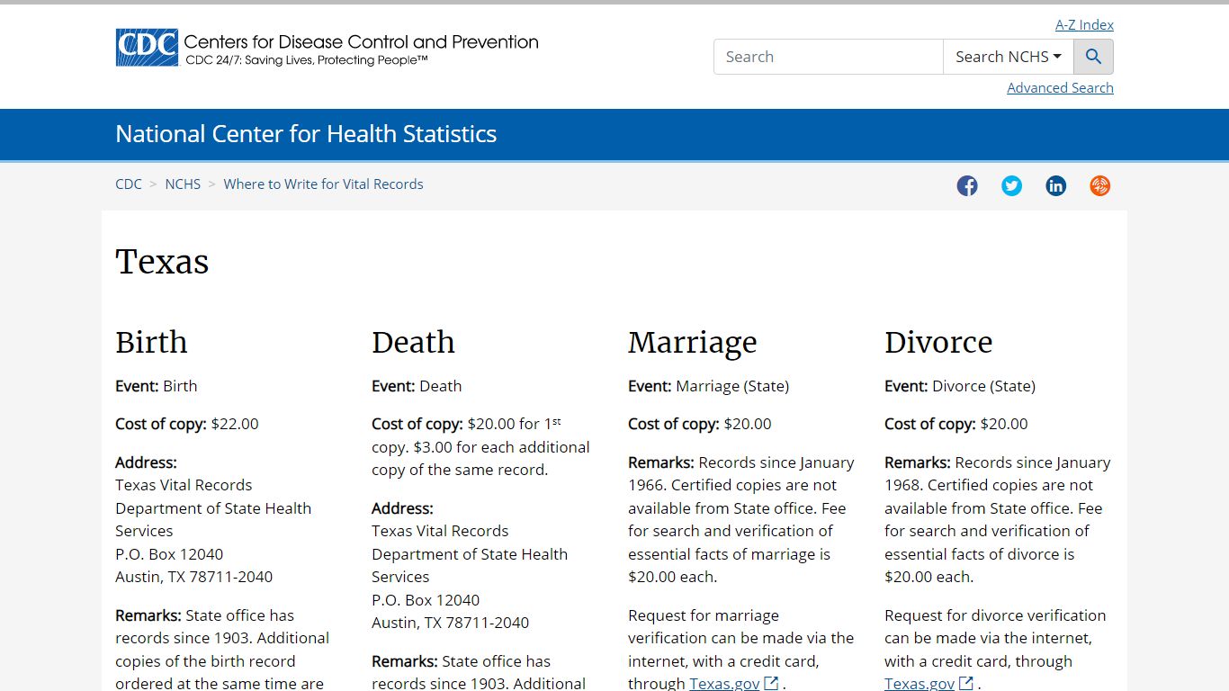Where to Write for Vital Records - Texas - Centers for Disease Control ...